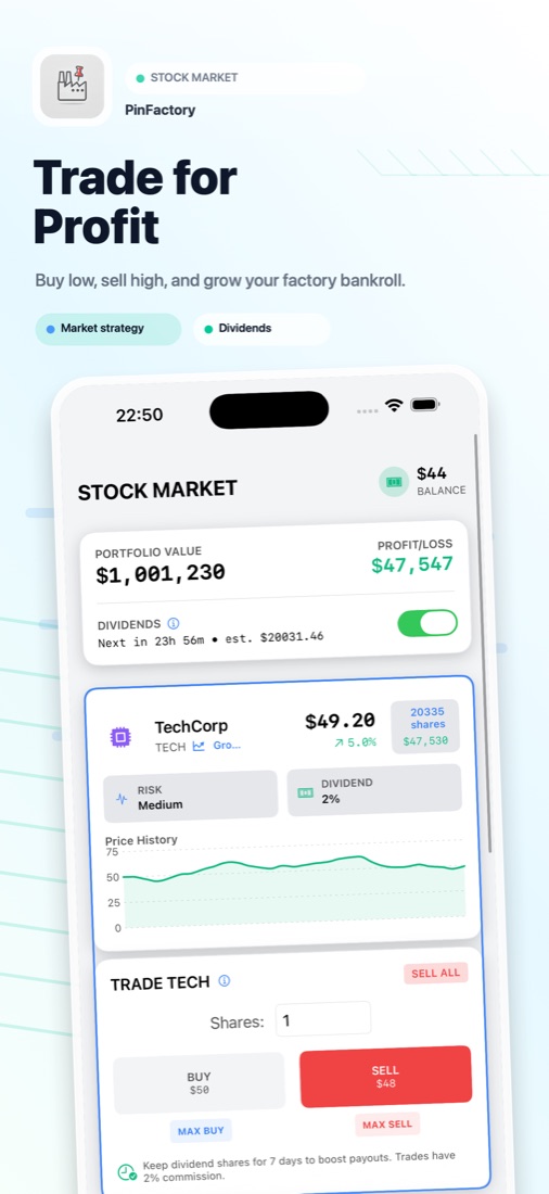 Pin Factory market trading screenshot